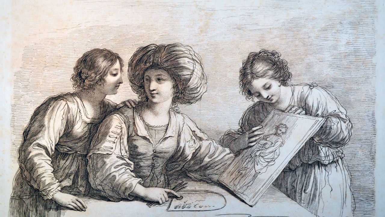 Three figures looking at a drawing