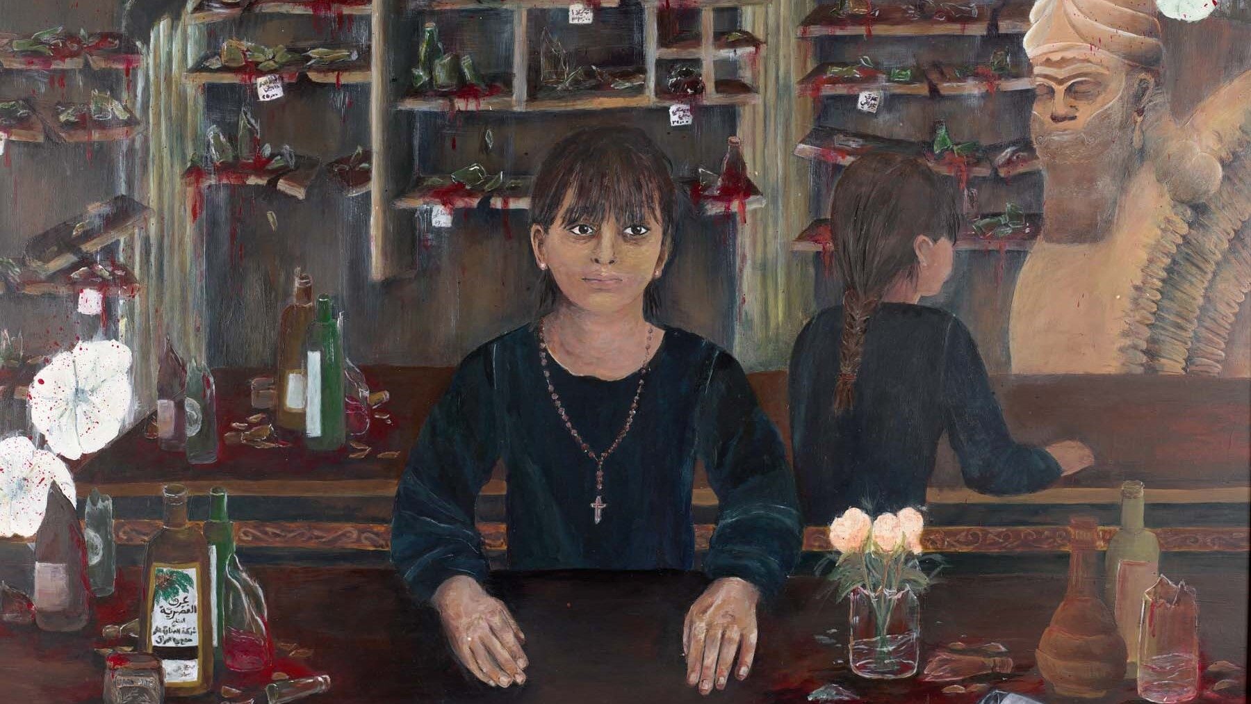 A young girl stood behind a bar. The bar is destroyed, with broken glass and bottles all around.