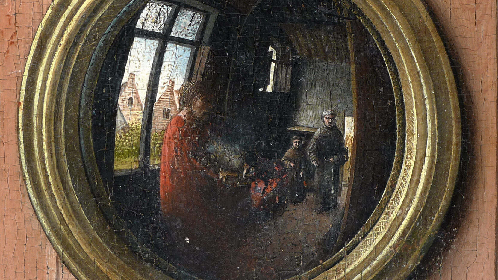 Painting of a round mirror against a wooden wall