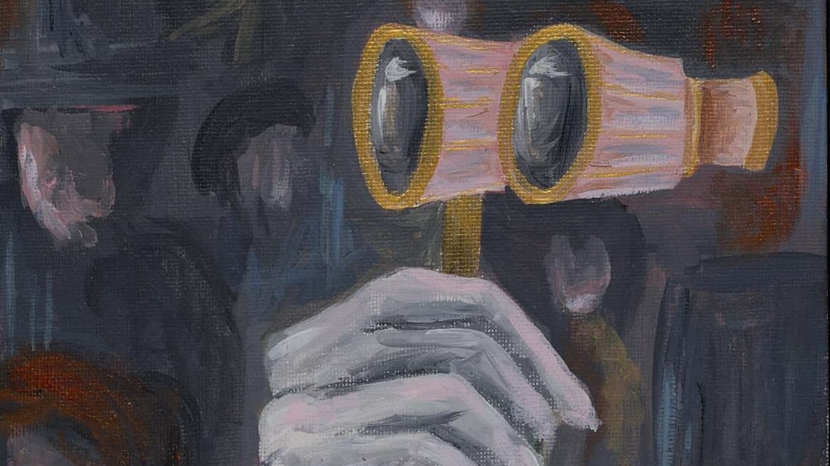 A painting. A land is centre to frame, holding opera glasses. A blurred crowed can be seen behind.