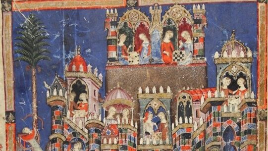 Illustration from a manuscript depicting a building of multicoloured bricks with people seated in the windows.