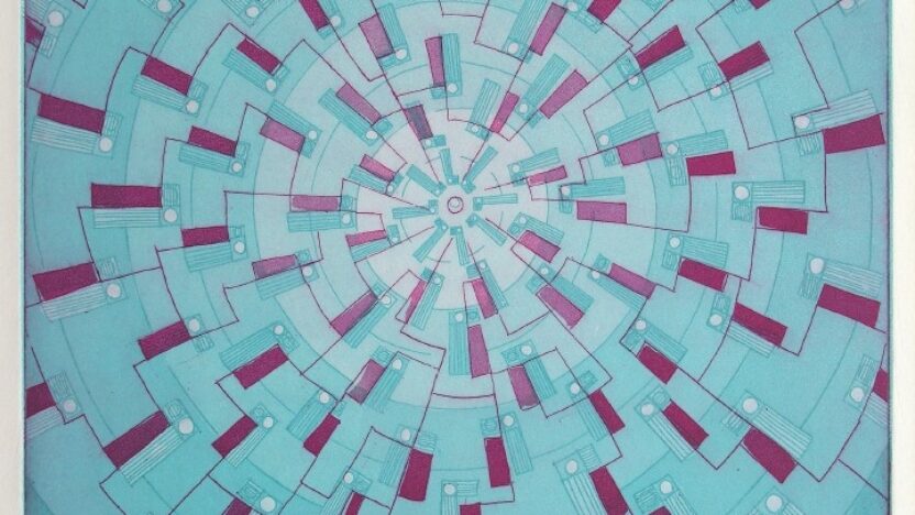 Abstract image showing a regular pattern of purple lines and rectangles against a pale blue background of lines, rectangles and white circles.