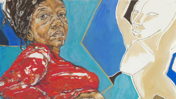 A portrait of a woman wearing a red top and blue jeans, against a blue background