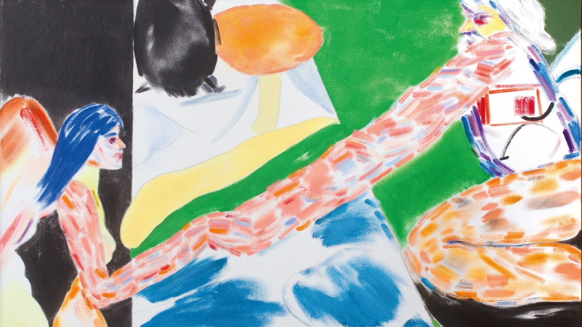 Abstract image showing a winged figure on the left of the image reaching out an abnormally long arm to touch the face of a bearded figure on the top right of the image.