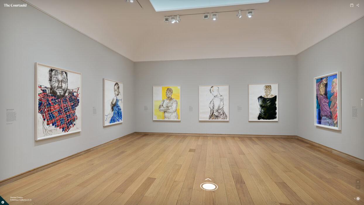Installation shot of an exhibition with six large paintings