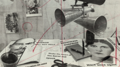 Cover of 'The Bloomsbury Handbook of Music And Art', edited by Sarah Mahler Kraaz and Charlotte de Mille. The background image is a photograph of many objects, including photos stuck to a wall, small tin foghorns, scissors, cut out quotes, and cut out portraits, in black and white - scribbled over with circles and arrows in red pencil.