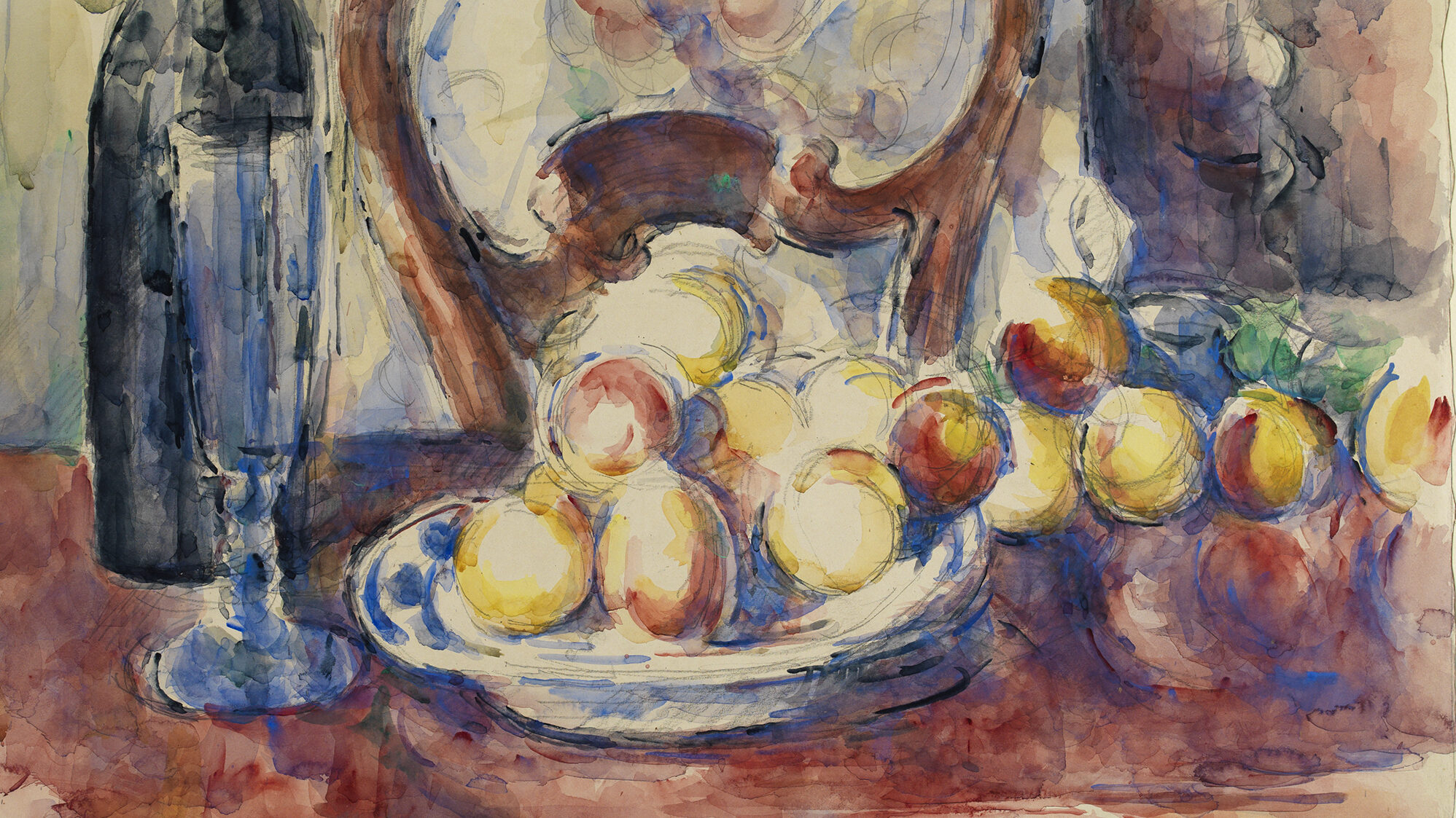 A still life composition in graphite and watercolour showing a table setting with a display of apples, a bottle and glass to the left and the back of a chair.