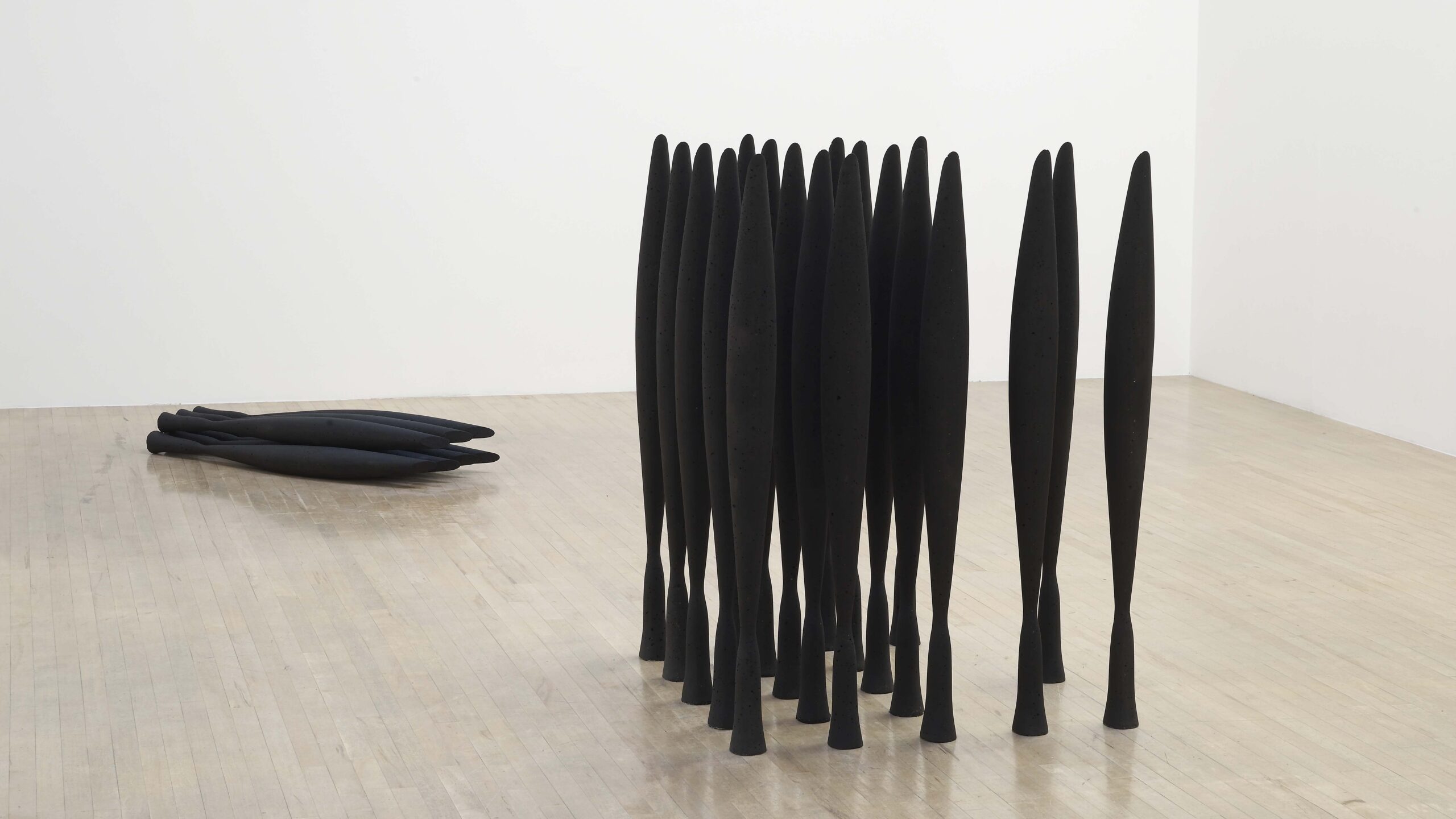 A cluster of seventeen long and thin shaped matte black sculptures in a shape reminiscent of Brâncusi's sculpture stand to the corner of a white cube gallery. To their left, four black sculptures have been placed laying on the floor, their tips facing the dense cluster.