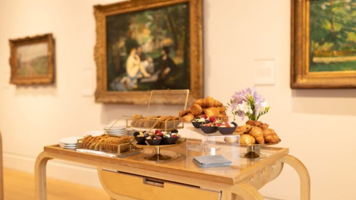 a table with a food buffet in the Courtauld Gallery