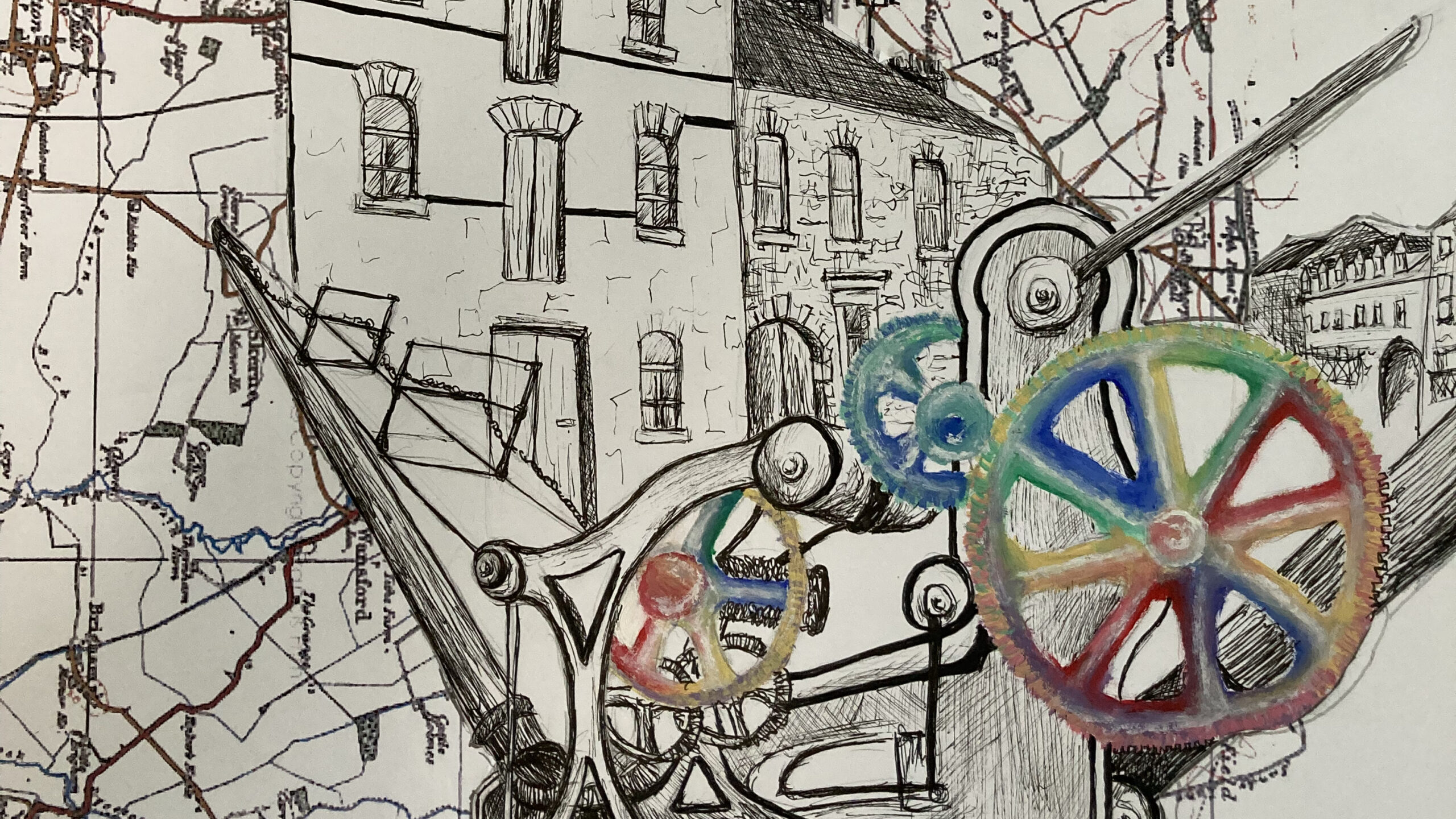The background of this artwork is a map, on top of this is a line drawing of a building with machines and mechanisms in the foreground. There are large gears which are painted in colour.
