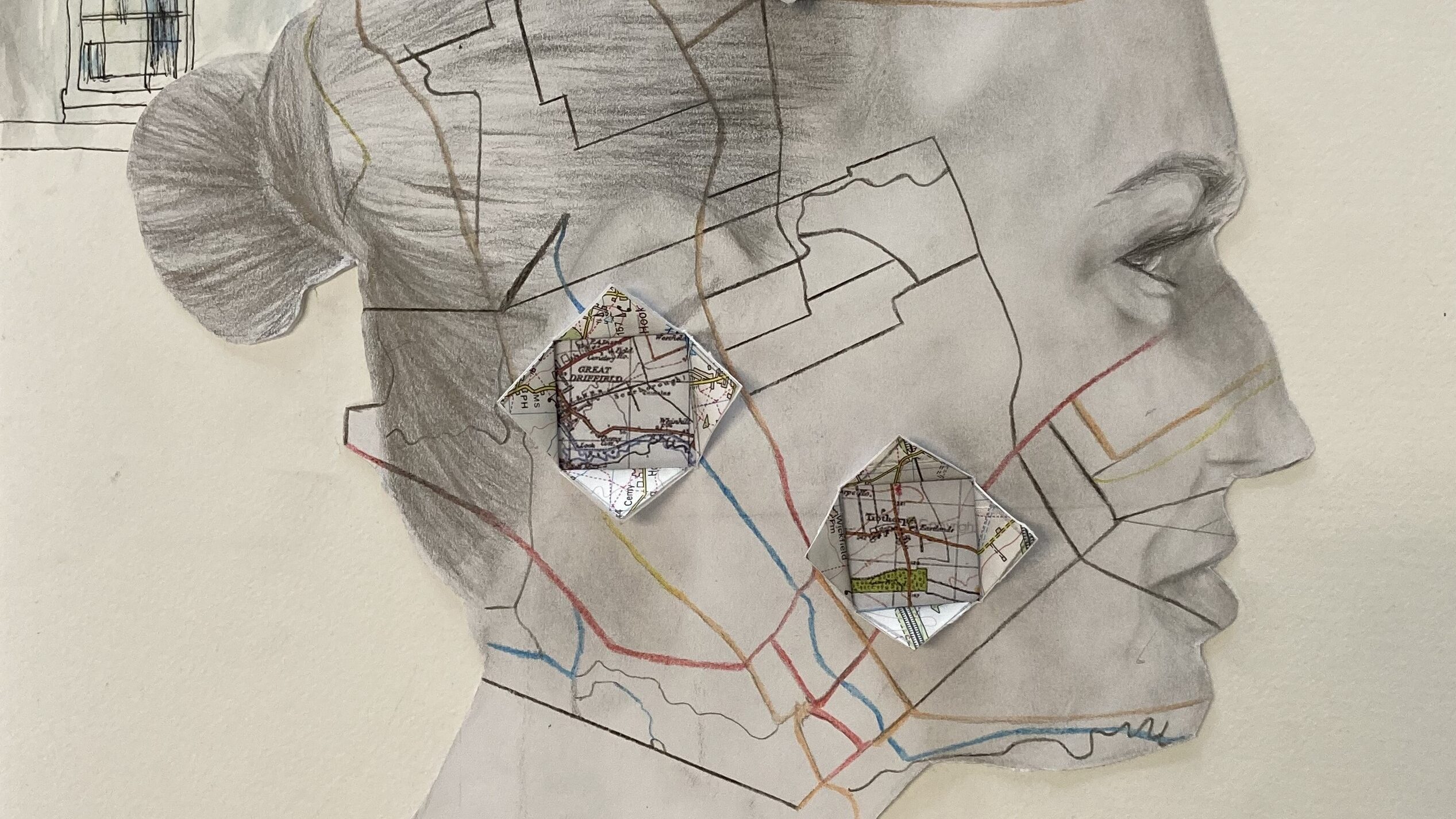 This drwing shows the profile of a young woman with her hair up in a bun. Behind her in the top left of the image is a painting of a house. Over her face are lines which replicate a map.