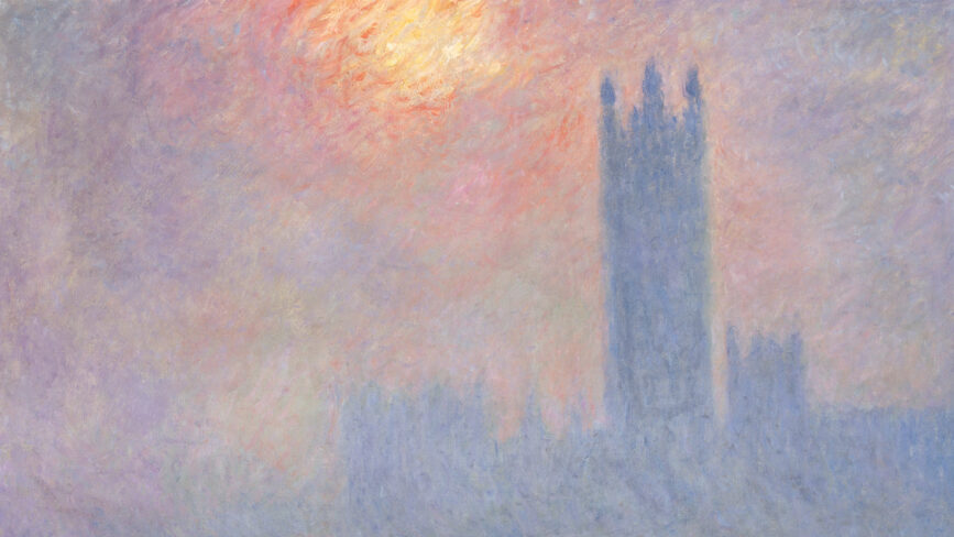 The houses of parliament in the fog, with an orange sun and purple sky reflecting on the river Thames