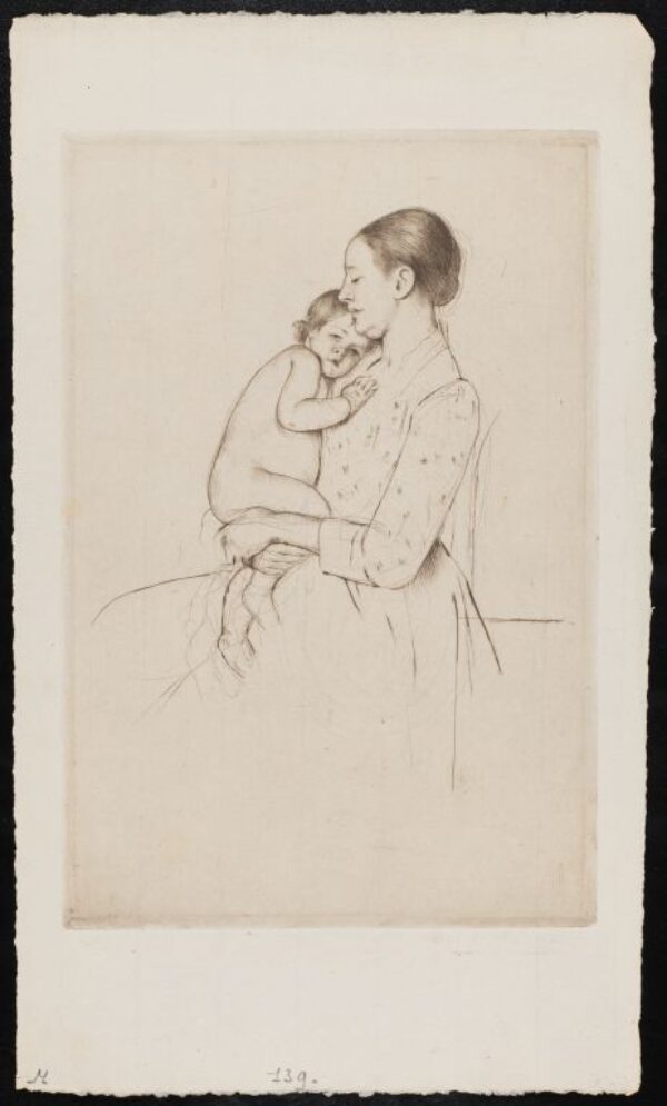A drypoint sketch of a woman, seated, holding an infant. She has her hair pulled back in a low bun, and wears a patterned smock and long skirt (the skirt is unfinished in sketch). The infant looks directly to the viewer, curled in the woman's arms.