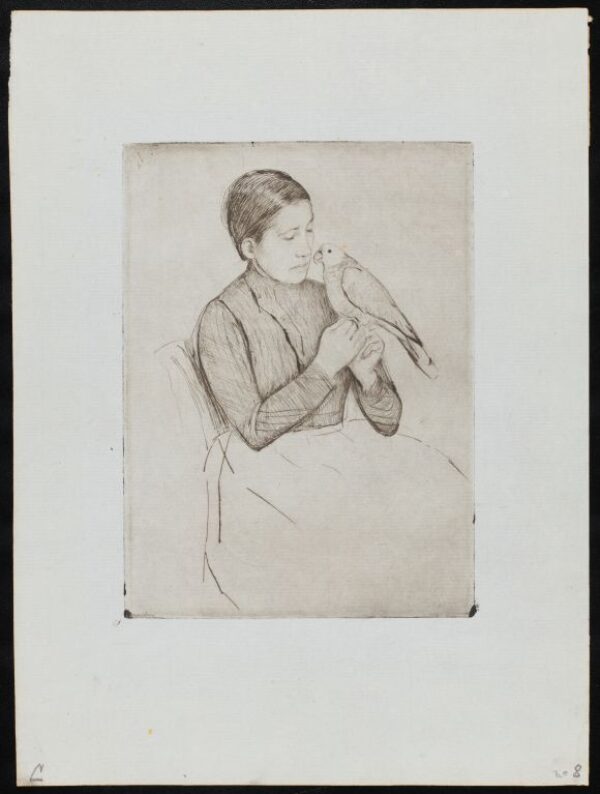 A drypoint sketch of a woman holding a parrot, looking peacefully at it while seated. Her hair is pulled back into a low bun and she is wearing a smock and skirt, although the skirt is unfinished.