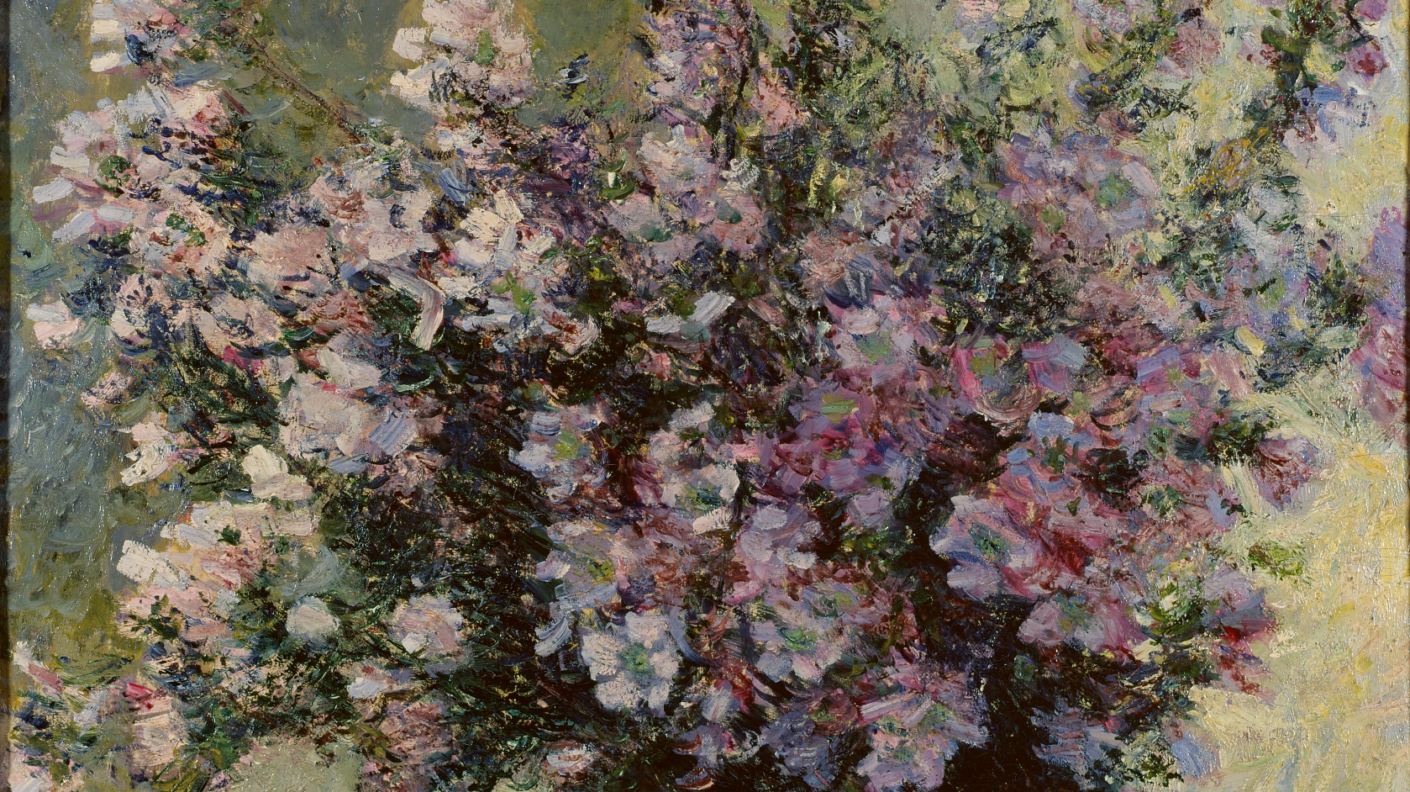 close-up of a painting of a vase of pink flowers by Manet