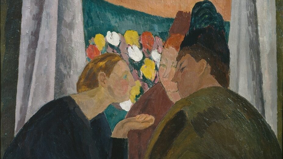 A painting of three women in conversation. The woman on the left leans into the other two in earnest discussion. They sit in front of an open window with a bouquet of flowers visible.