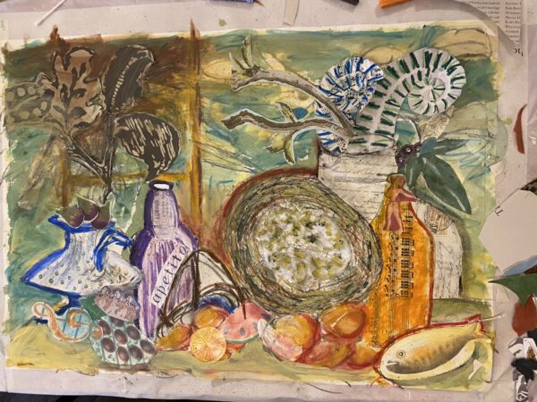 a mixed media still life painting of a table with some fruits a vase and some fruits
