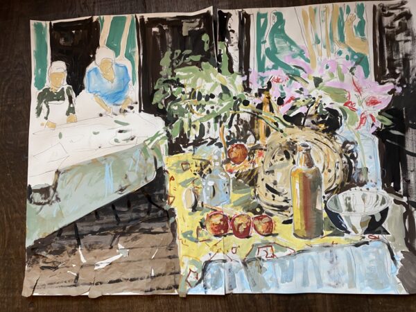 a painting of a table with a bottle, tree red apples and a vase of flowers in the foreground with two women working at another table on the background