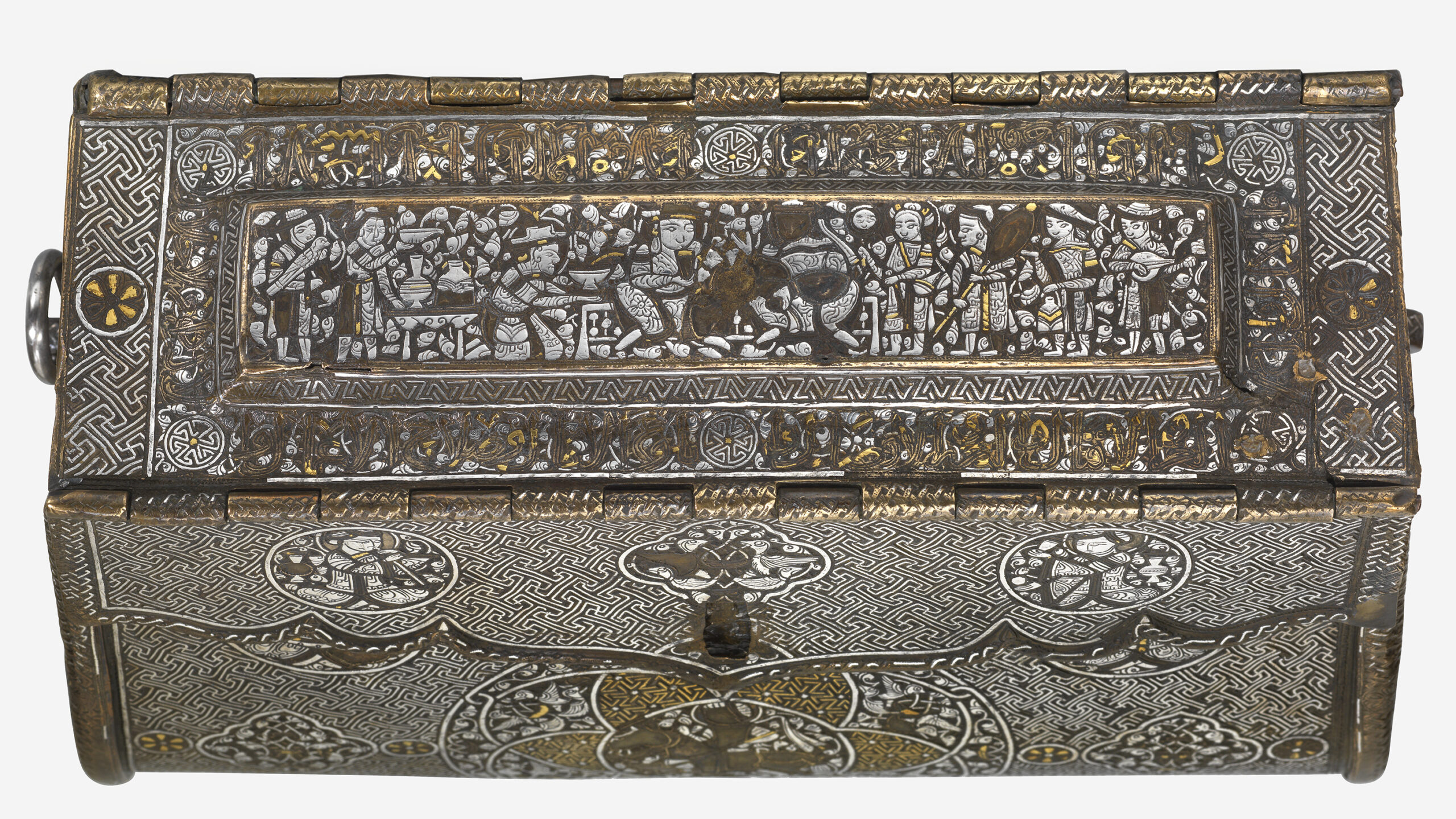 Detail of bag, known as The Courtauld Bag, Mosul, Iraq (Ilkhanid dynasty, 1256–1353) 1300–30, Brass, hammered, chased and inlaid with silver and gold. The Courtauld, London (Samuel Courtauld Trust) © The Courtauld