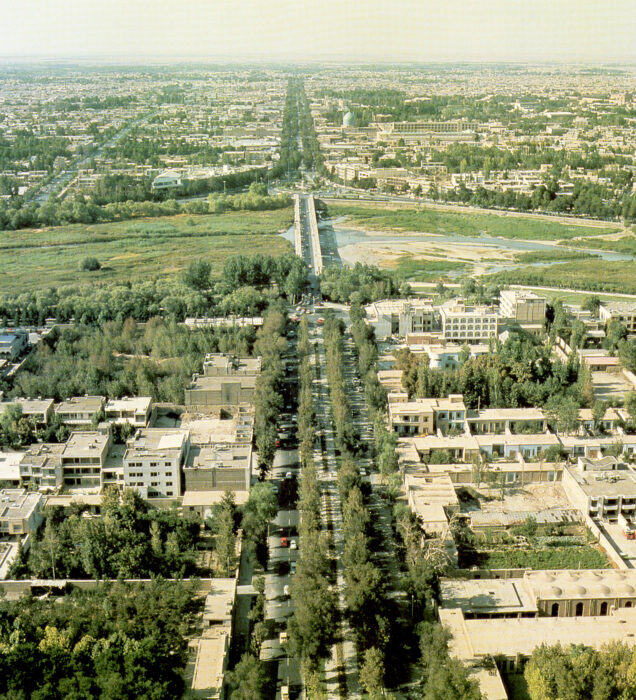 An aerial photograph of the Chaharbagh promenade, Isfahan (Iran), taken during the 1970s.