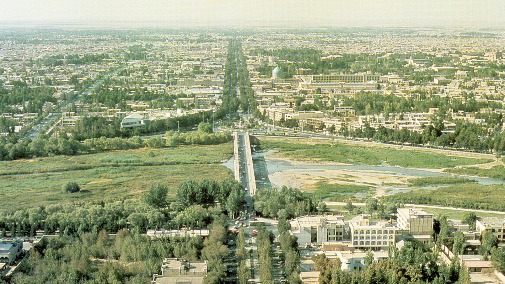 An aerial photograph of the Chaharbagh promenade, Isfahan (Iran), taken during the 1970s.