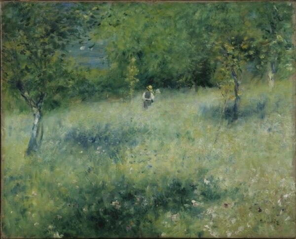 Painting of a lush green field, with a small man wearing a yellow hat visible in the centre - the main bulk of the image is the greenery of Spring.