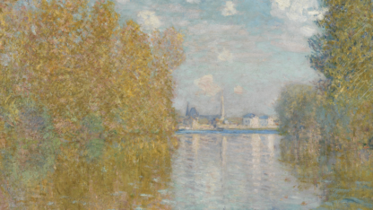 Argenteuil’s townscape can be recognised in the background, the flamboyant autumn colours and the effect of light and wind on water. The fluttering orange leaves contrast with the blue water, rendered as thick parallel lines.