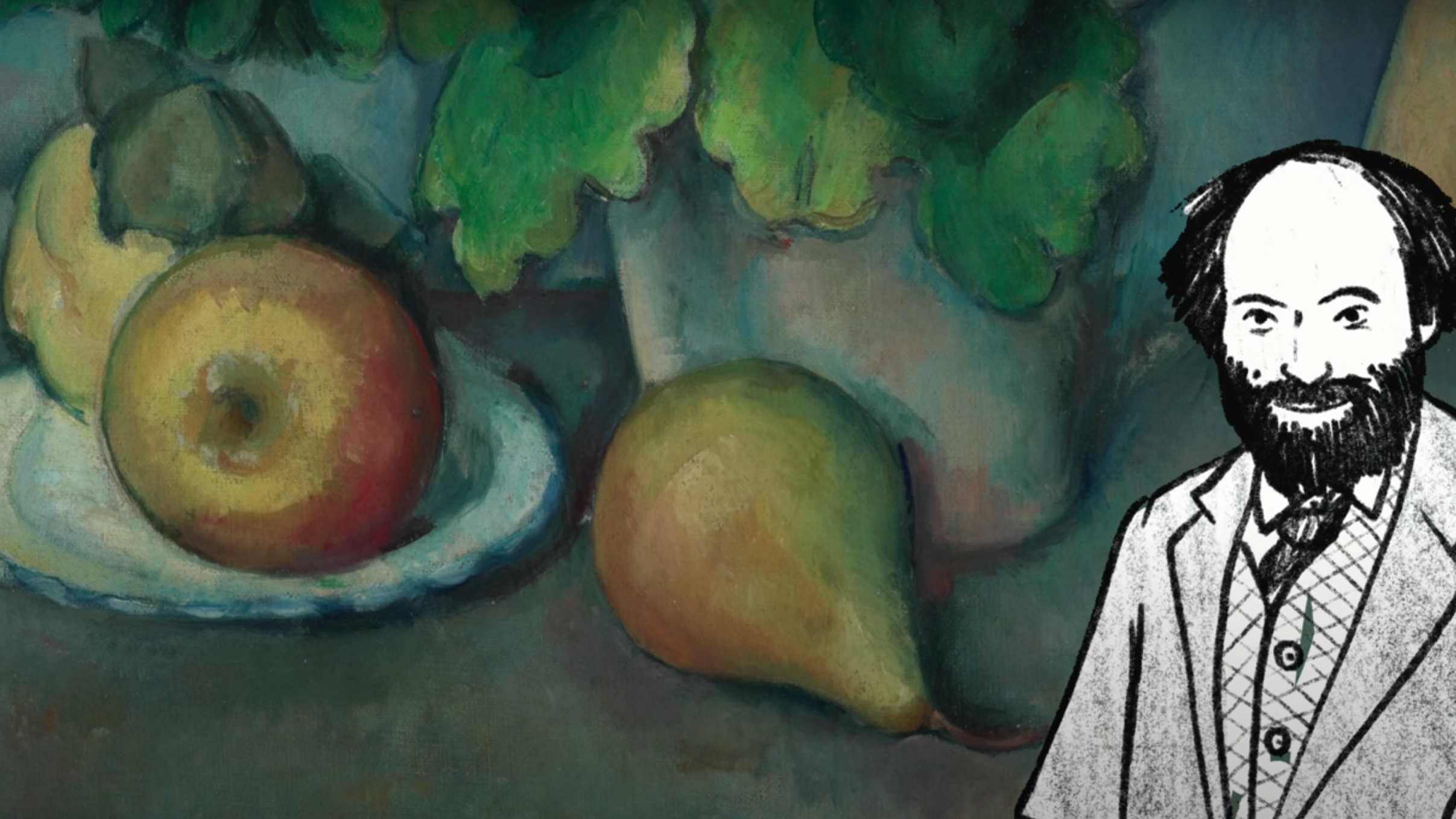a still life drawing of three pears on a table with a cartoon image of the painter cezanne in the foreground
