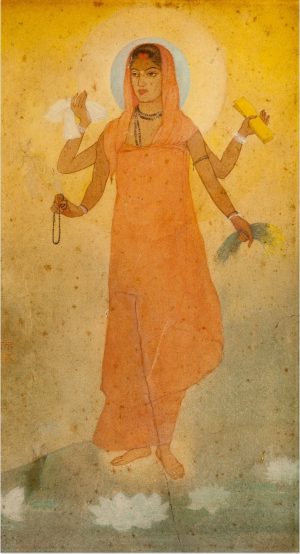 a figure with multiple arms dressed in an orange dress