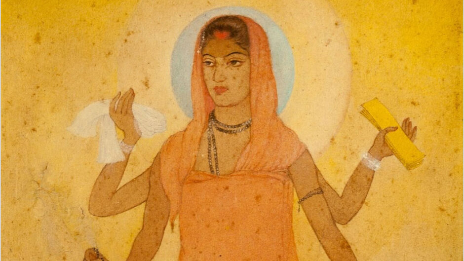a figure with multiple arms dressed in an orange dress