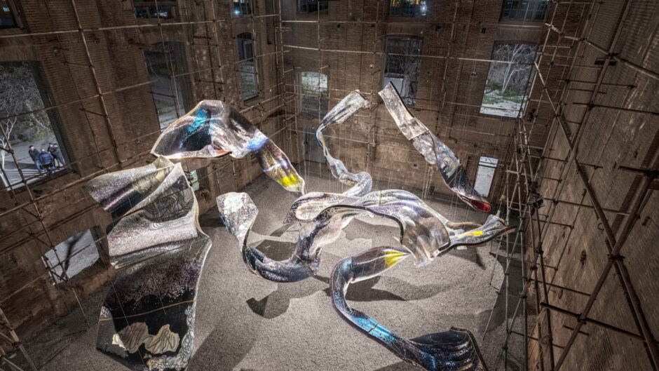 Pooya Aryanpour (Iran), Gone with the Wind-Hanging in the Wind, Kahrizak Sugar Factory, Tehran province. 2022. Large scale mixed media installation. Photograph by Sahand Behrouzi-2022. Courtesy of the artist.