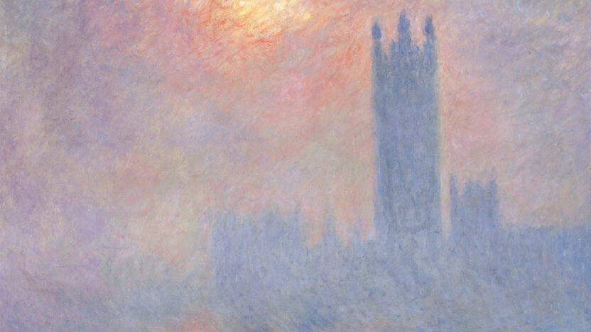 The houses of parliament in the fog, with an orange sun and purple sky reflecting on the river Thames