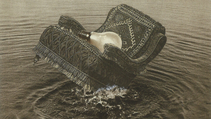 an oversized lightbulb on an armchair sinks into a pool of water, sepia tone photomontage