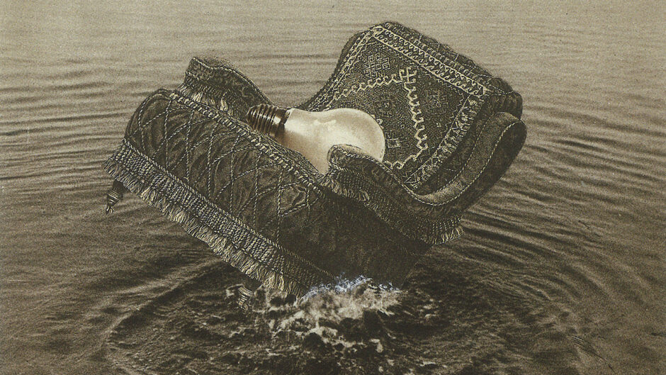 an oversized lightbulb on an armchair sinks into a pool of water, sepia tone photomontage