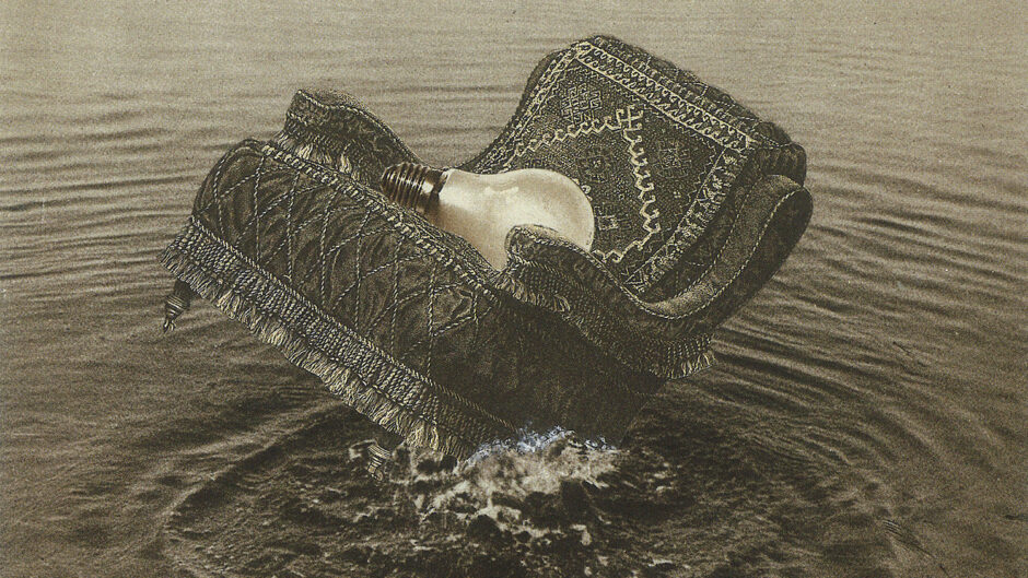 an oversized lightbulb on an armchair sinks into a pool of water, sepia tone photomontage