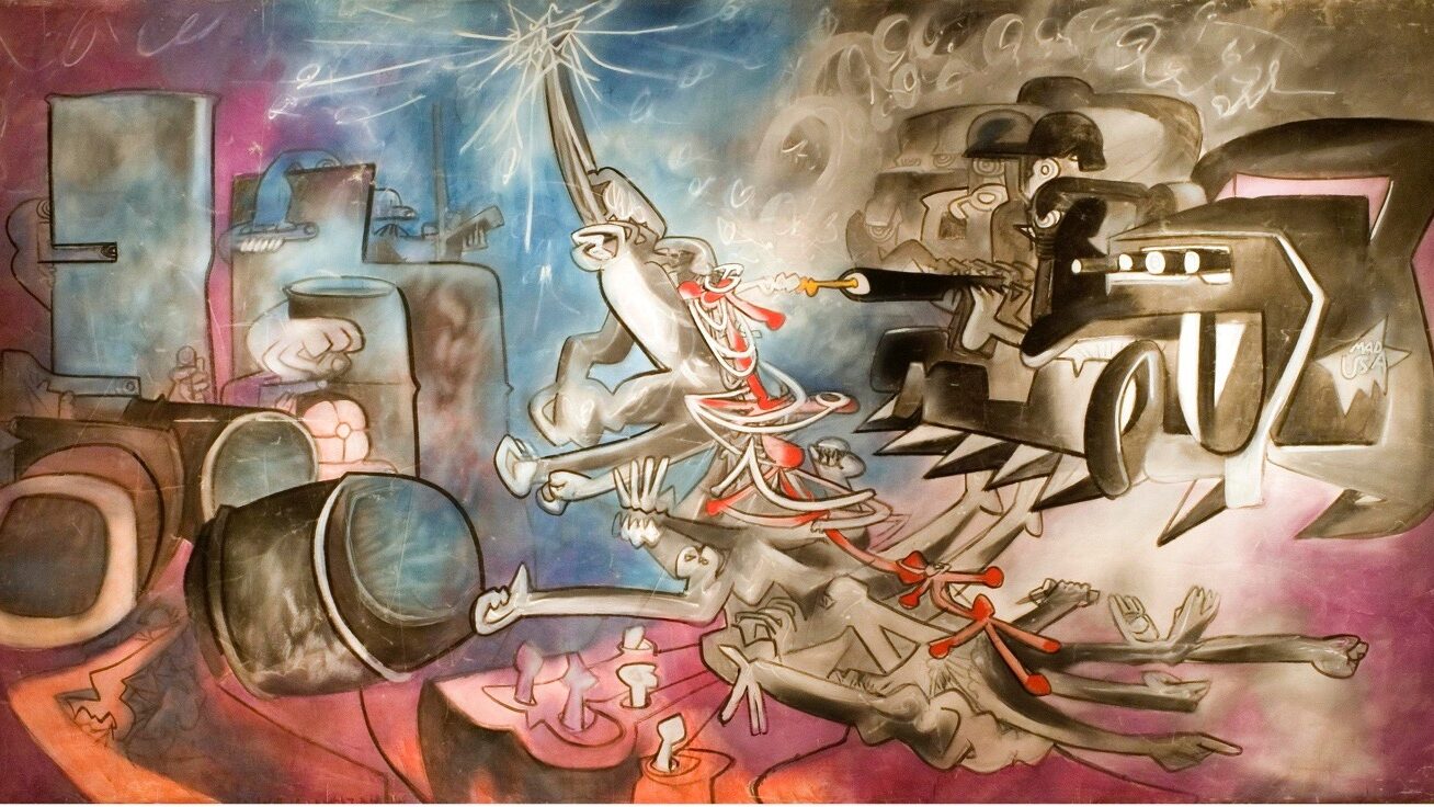 abstract graphic in style painting of a a tank firing against undefined creeping figures