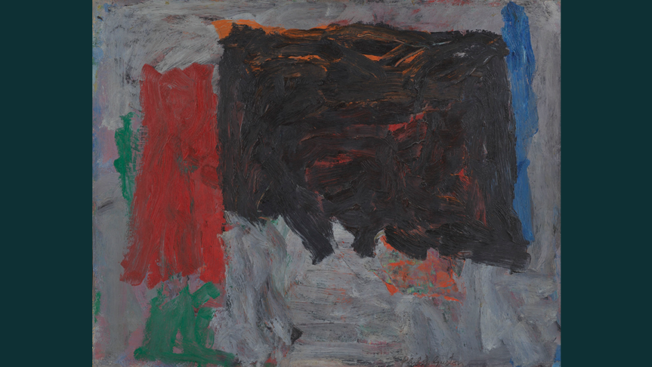Painting of abstract forms - a large brown rectangle, thin red vertical rectangle atop a green box - against a loose brushstroked grey background.