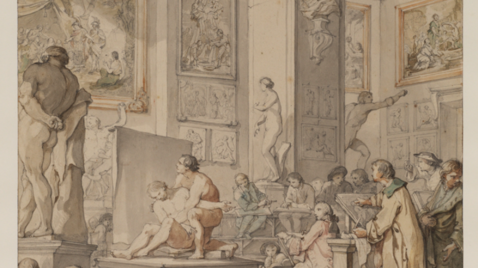 Men and boys take drawings of different statues in amongst a grand room.