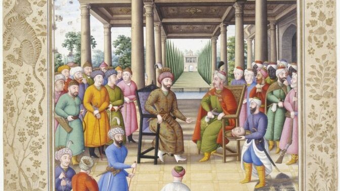 Safavid Painting of two seated figures surrounded by a group of onlookers in a palace