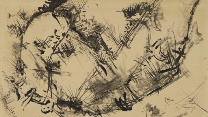 A black and brown ink drawing on slightly aged paper. Abstract lines and parallel-like hatchings, which look slightly like either eyelashes or crosshatches, form a spiralling composition from the upper right corner of the sheet downwards. The artist marking 'K', circled, and the number '16'. are visible in the bottom left corner.