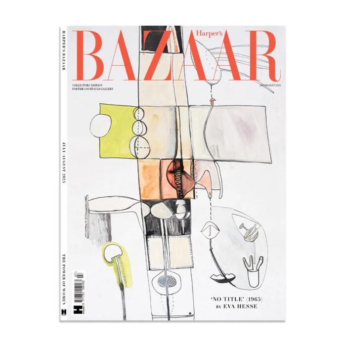 An image of a magazine which says Harper's Bazaar in red font and includes a graphic drawing in yellows and oranges