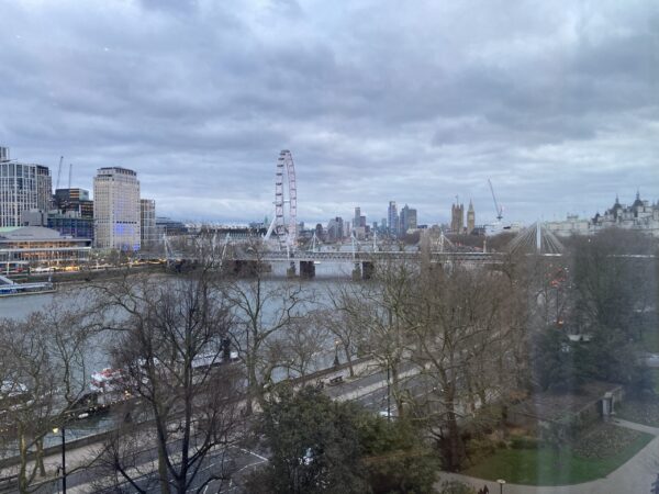 View from Charing Cross Bridge (Hungerford Bridge) from the 5th floor, of the Savoy Hotel.