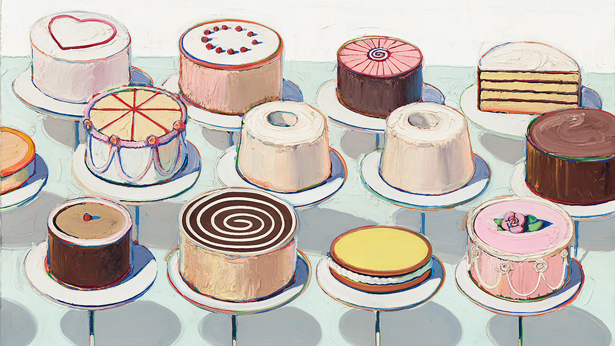 a painting by Wayne Thiebaud, depicting a display of various cakes arranged neatly on individual white cake stands. The cakes are rendered with thick, creamy layers of paint, emphasizing their rich textures and colors. Each cake is distinct, with different designs and decorations, such as a heart, spirals, cherries, and floral motifs. The composition is orderly, with the cakes placed in a grid-like formation, creating a sense of both abundance and simplicity. The background is a pale, almost white surface, which contrasts with the vividness of the cakes, drawing attention to their details. The overall effect is both whimsical and slightly nostalgic, evoking the feel of a classic bakery display.