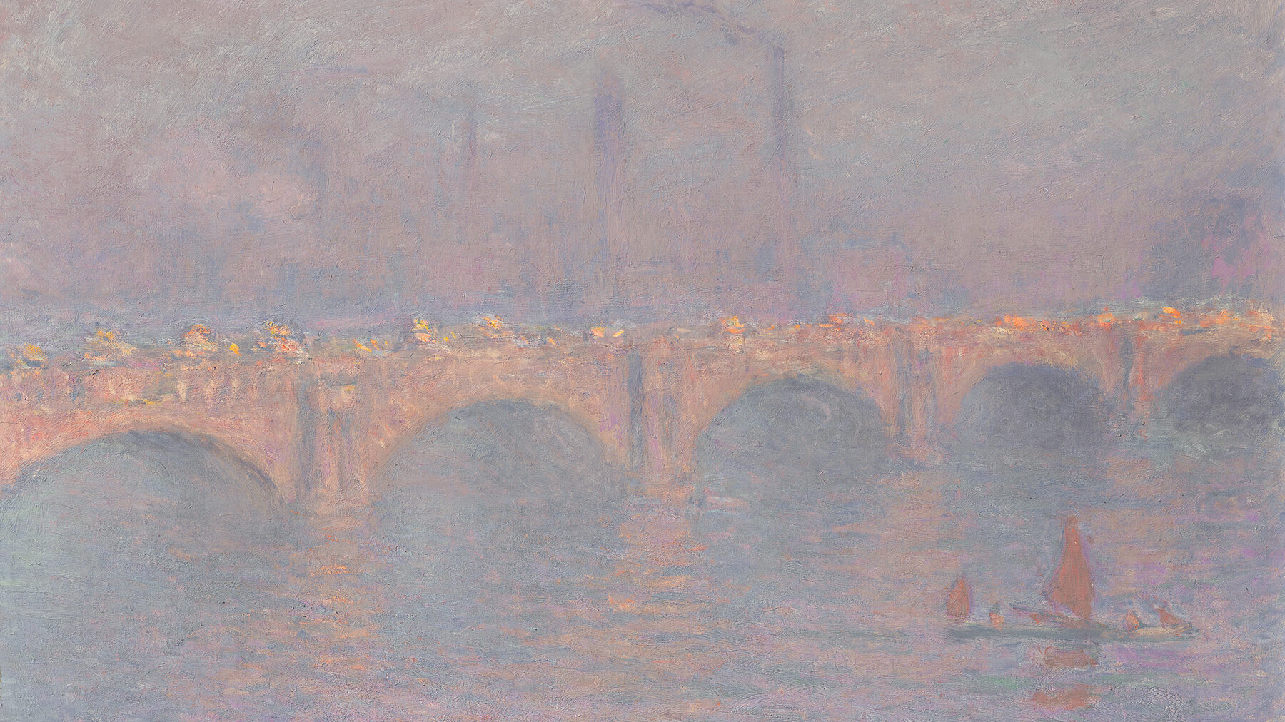 Painting by Claude Monet of Waterloo Bridge. A small boat is visible in the right foreground, and the entire image is coloured in pinks and oranges; it looks hazy, with billowing smoke from factories visible in the background on the South of the River.