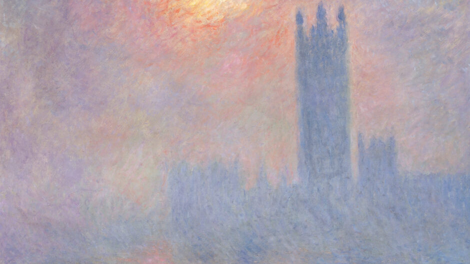 The houses of parliament in the fog, with an orange sun and purple sky reflecting on the river Thames