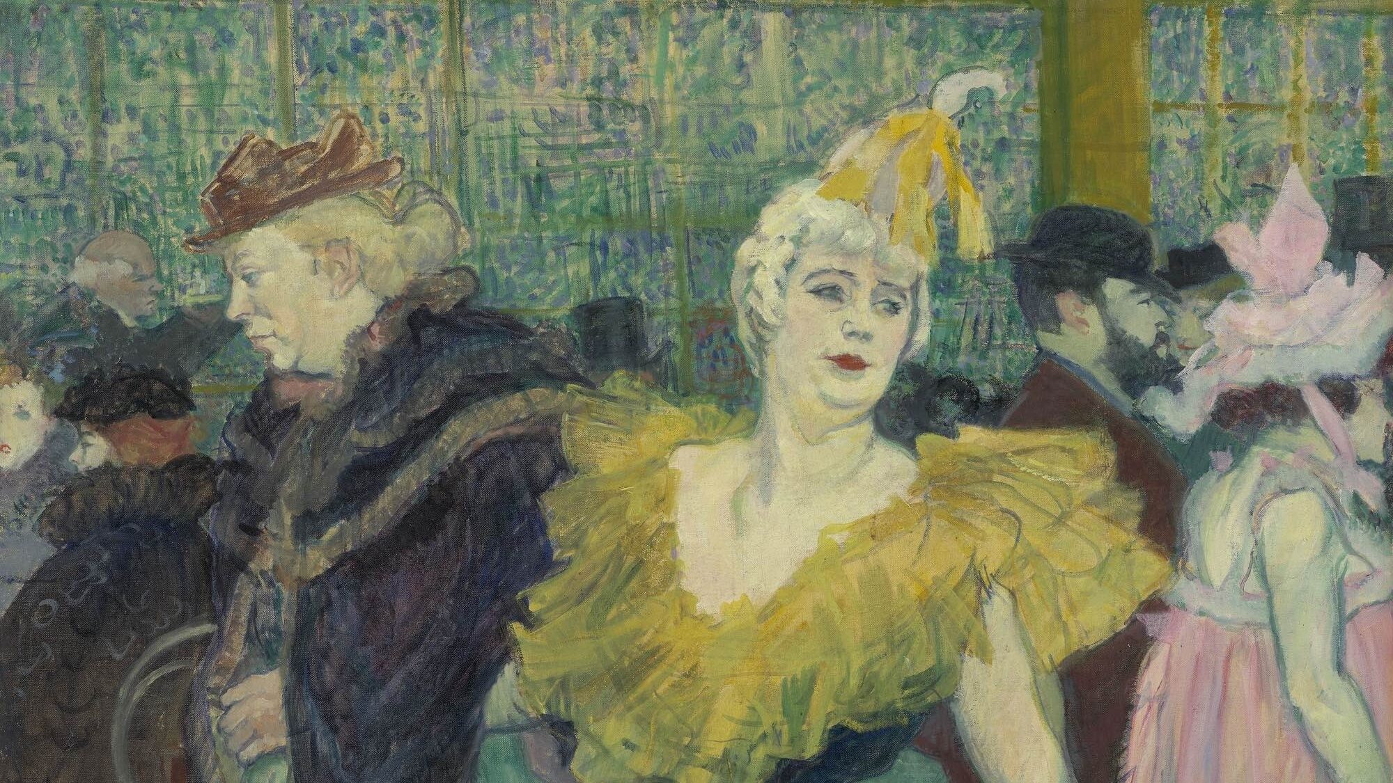 Toulouse-Lautrec painting of a vibrant cabaret scene, figure in yellow and green, red lips, feathered hat.
