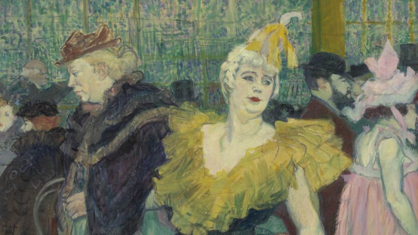 Toulouse-Lautrec painting of a vibrant cabaret scene, figure in yellow and green, red lips, feathered hat.