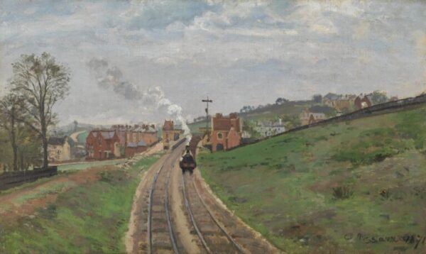 painting of a countriside landscape with a steam train in the middle going towards a town station