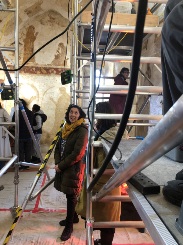 a woman stands in an old building with painted walls undergoing conservation, surrounded by ladders