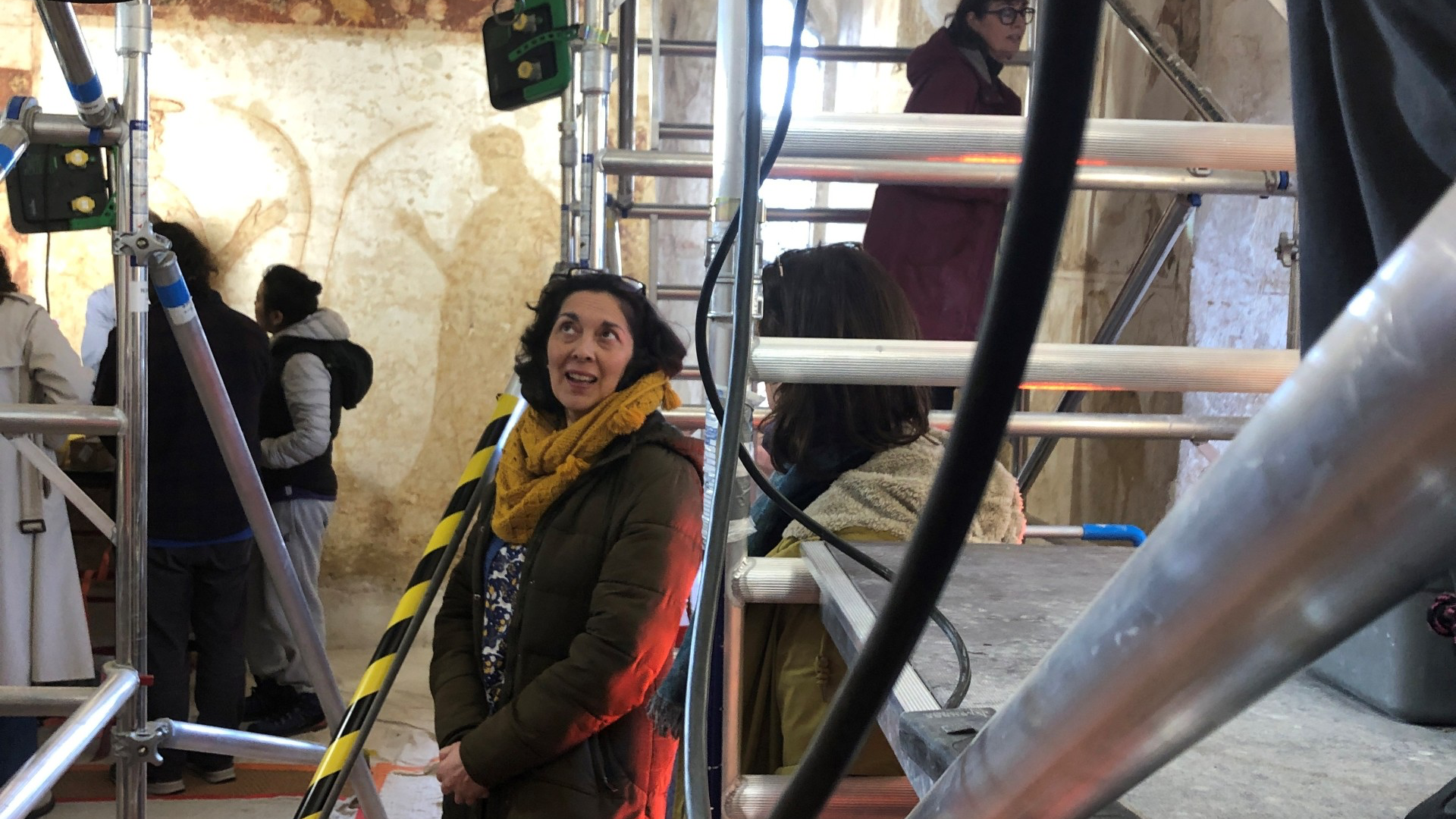 a woman stands in an old building with painted walls undergoing conservation, surrounded by ladders